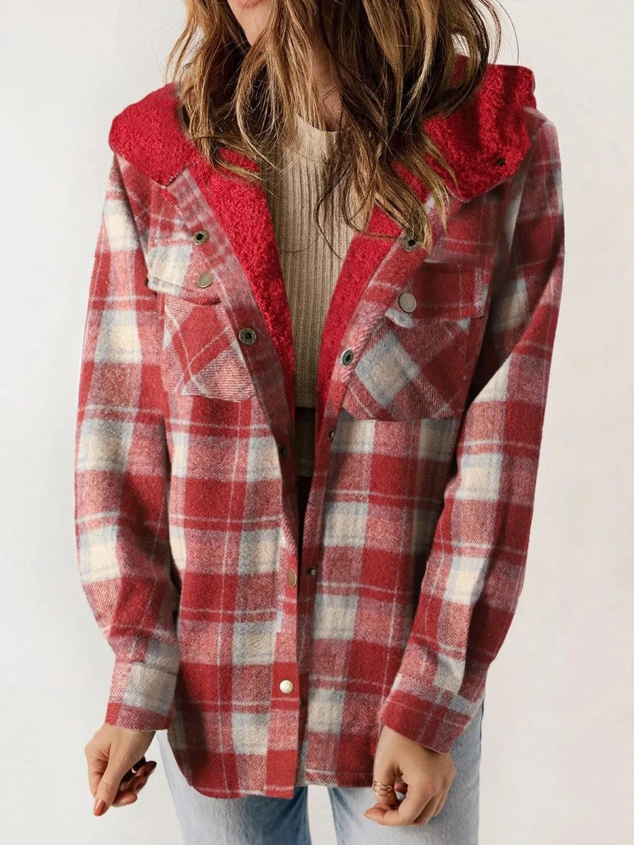 Rhiannon | Relaxed Fit Check Flannel Shacket with Sherpa Lined Hood