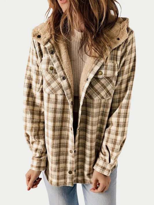 Rhiannon | Relaxed Fit Check Flannel Shacket with Sherpa Lined Hood