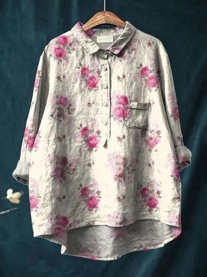 Celestine | Floral Print Linen-Style Shirt with Chest Pocket