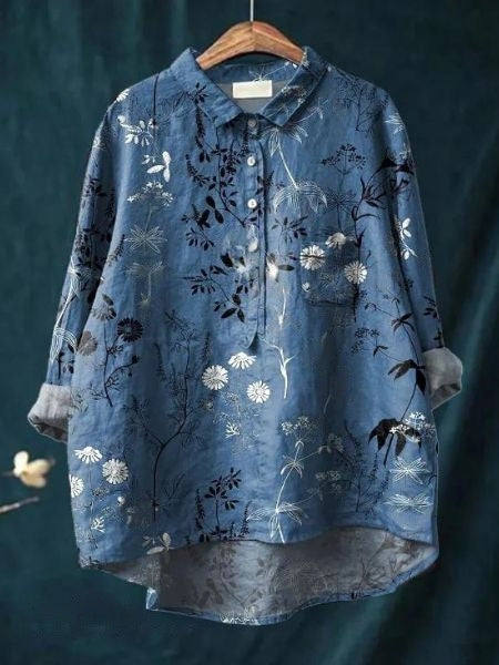 Celestine | Floral Print Linen-Style Shirt with Chest Pocket