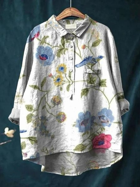 Celestine | Floral Print Linen-Style Shirt with Chest Pocket