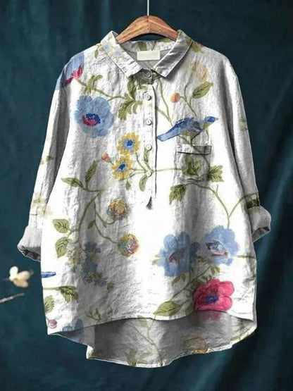 Celestine | Floral Print Linen-Style Shirt with Chest Pocket