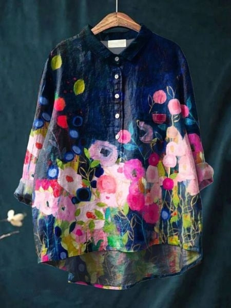 Celestine | Floral Print Linen-Style Shirt with Chest Pocket