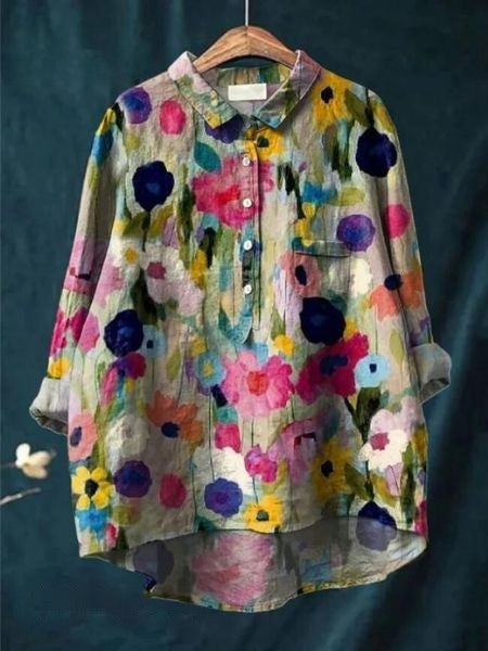 Celestine | Floral Print Linen-Style Shirt with Chest Pocket