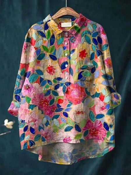 Celestine | Floral Print Linen-Style Shirt with Chest Pocket