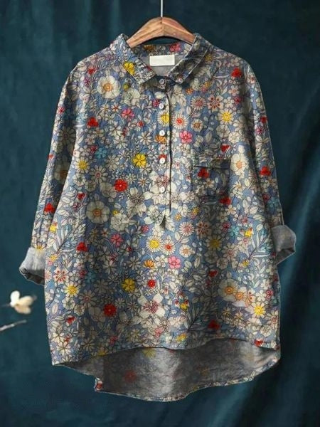 Celestine | Floral Print Linen-Style Shirt with Chest Pocket