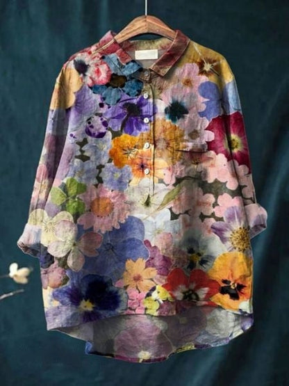 Celestine | Floral Print Linen-Style Shirt with Chest Pocket
