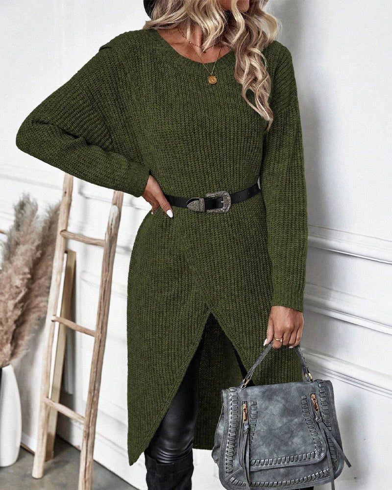 Philomena | Wrap Front Split Hem Knit Jumper Dress