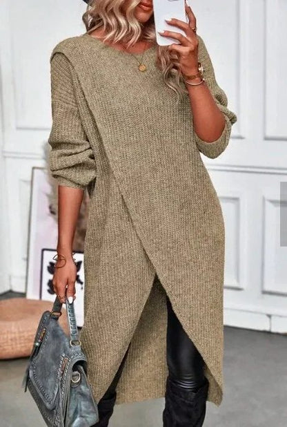 Philomena | Wrap Front Split Hem Knit Jumper Dress