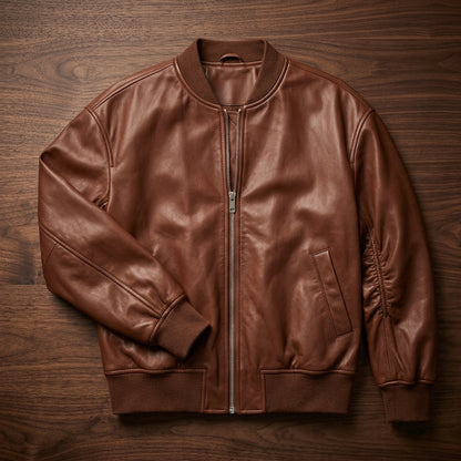 Leather Bomber Jacket for Women | Relaxed Ribbed Cuffs-Hem