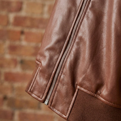 Leather Bomber Jacket for Women | Relaxed Ribbed Cuffs-Hem