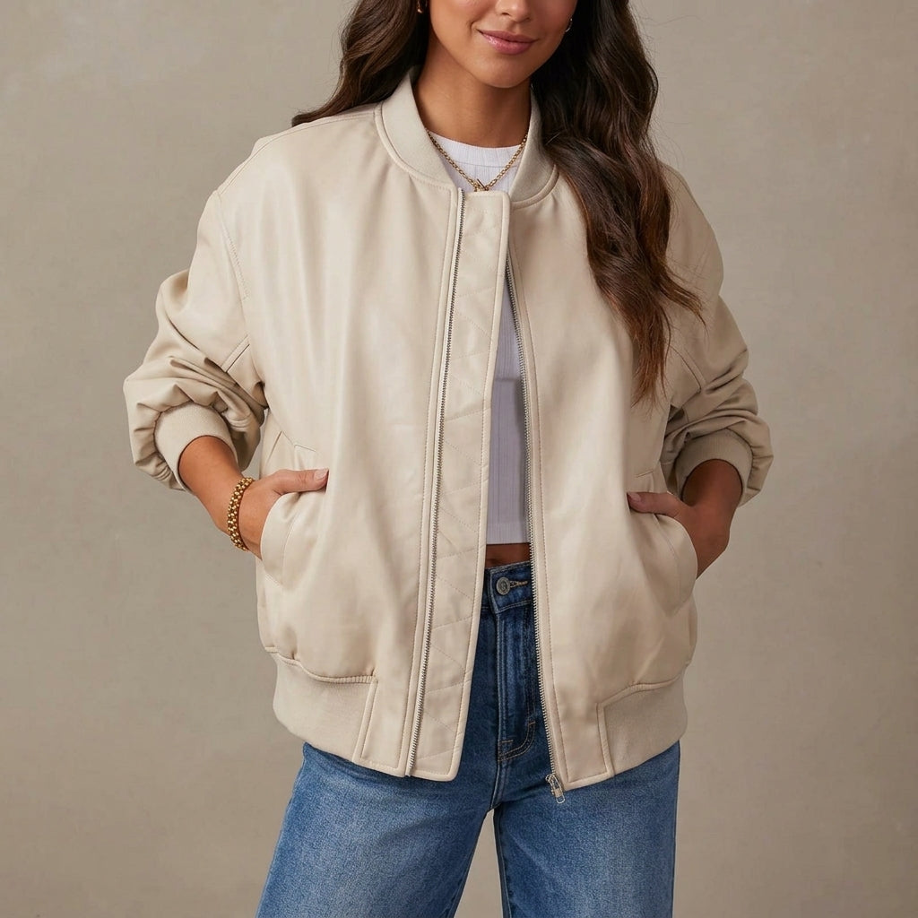 Leather Bomber Jacket for Women | Relaxed Ribbed Cuffs-Hem