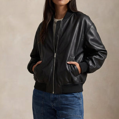 Leather Bomber Jacket for Women | Relaxed Ribbed Cuffs-Hem