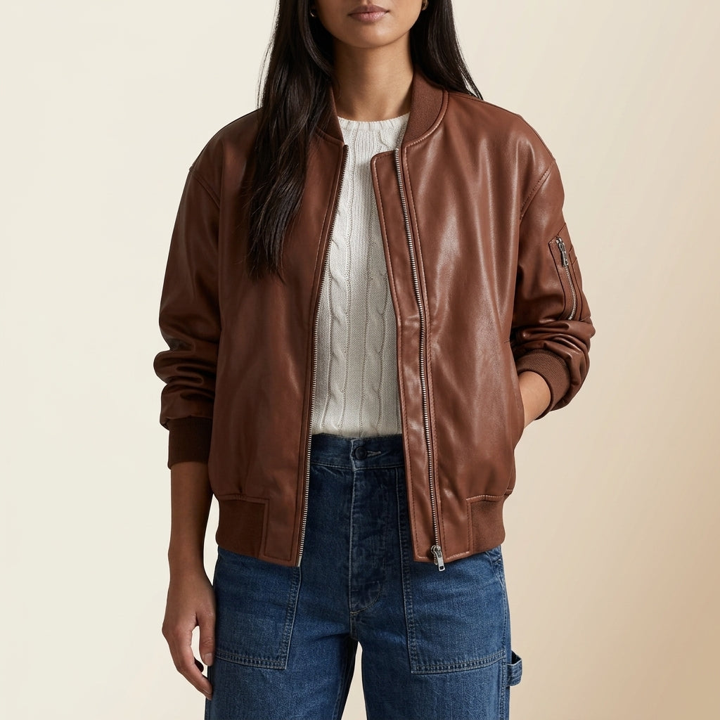 Leather Bomber Jacket for Women | Relaxed Ribbed Cuffs-Hem