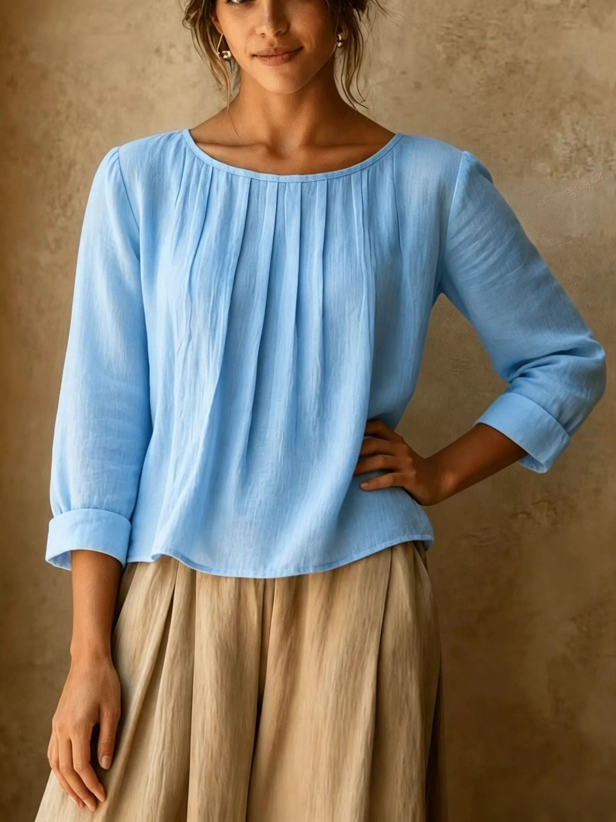 Henriette | Pleated Front Linen-Style Blouse with Three-Quarter Sleeves