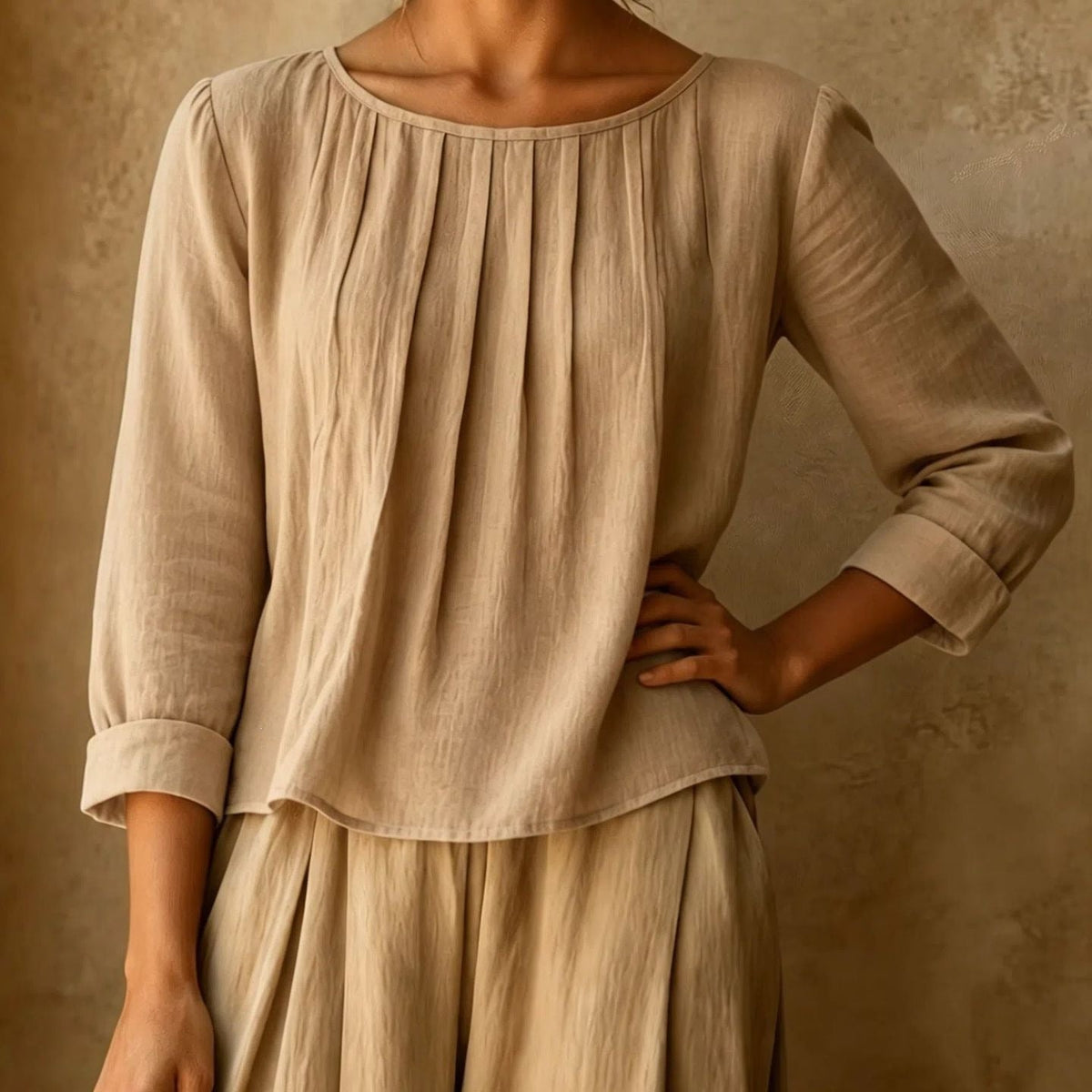 Henriette | Pleated Front Linen-Style Blouse with Three-Quarter Sleeves