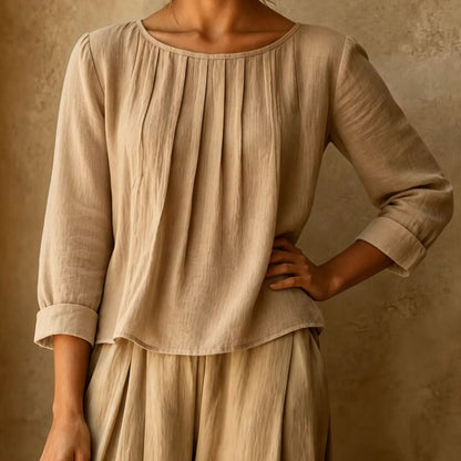 Henriette | Pleated Front Linen-Style Blouse with Three-Quarter Sleeves
