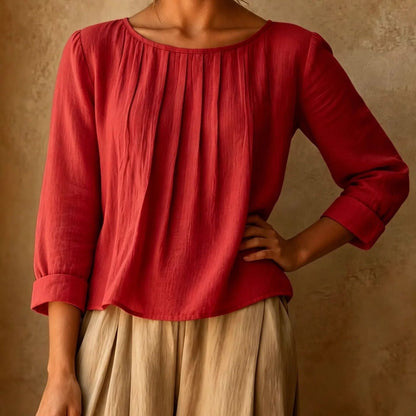 Henriette | Pleated Front Linen-Style Blouse with Three-Quarter Sleeves