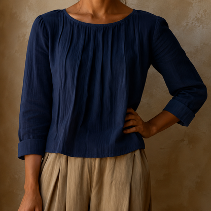 Henriette | Pleated Front Linen-Style Blouse with Three-Quarter Sleeves