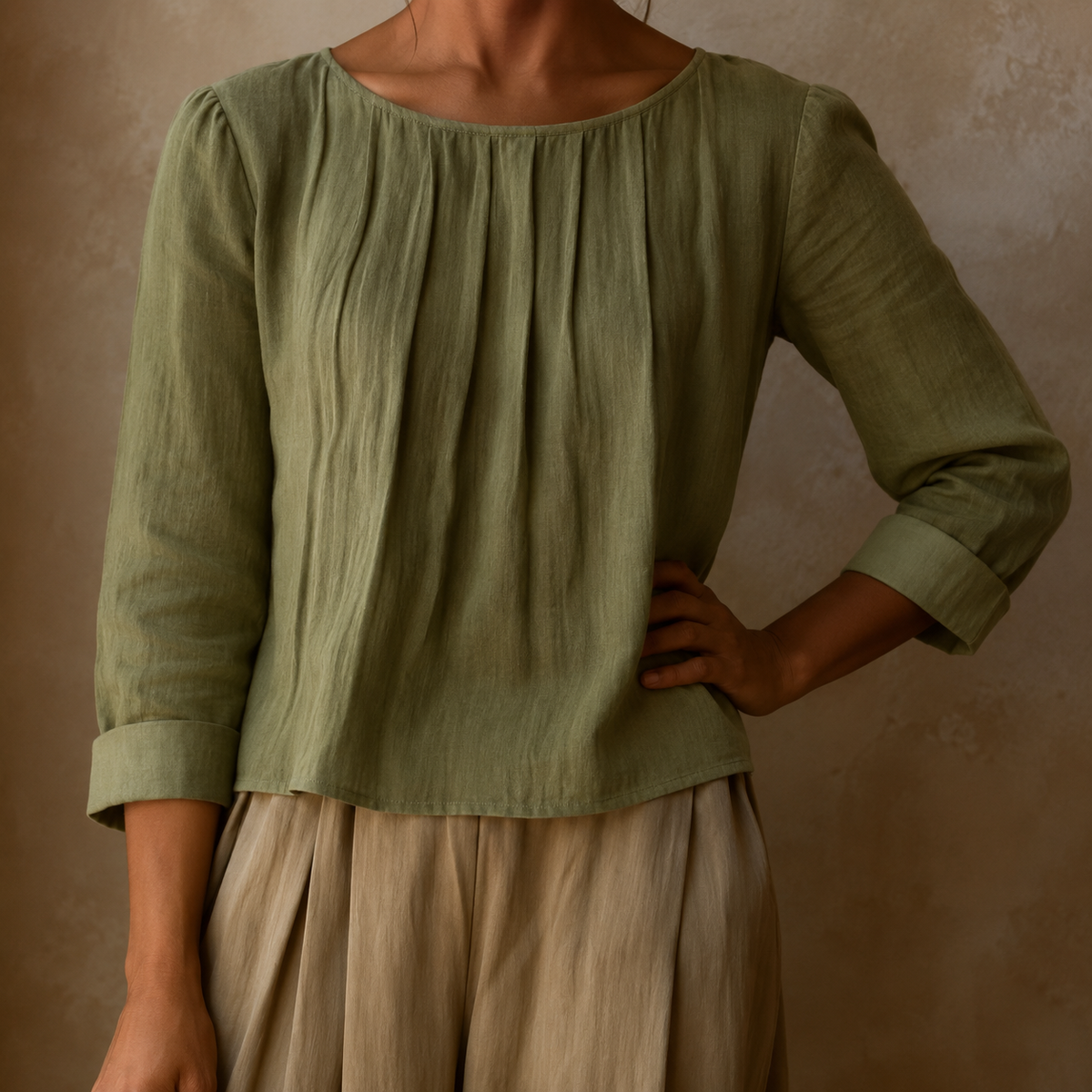 Henriette | Pleated Front Linen-Style Blouse with Three-Quarter Sleeves