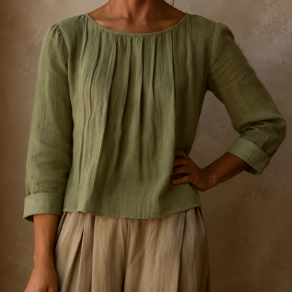 Henriette | Pleated Front Linen-Style Blouse with Three-Quarter Sleeves