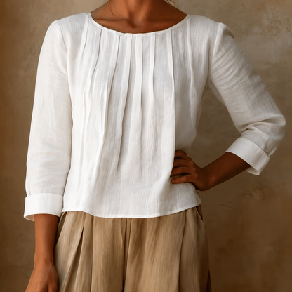 Henriette | Pleated Front Linen-Style Blouse with Three-Quarter Sleeves