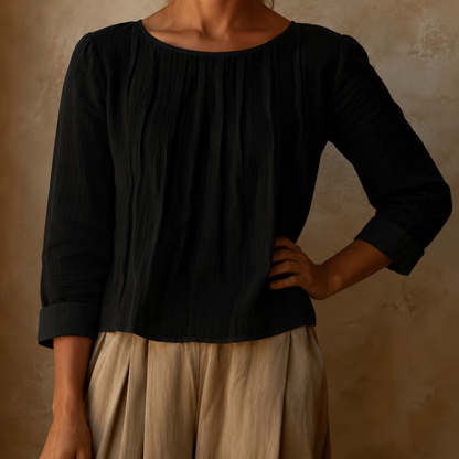 Henriette | Pleated Front Linen-Style Blouse with Three-Quarter Sleeves