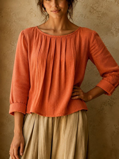 Henriette | Pleated Front Linen-Style Blouse with Three-Quarter Sleeves