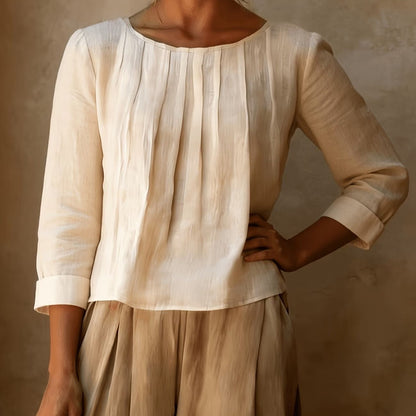 Henriette | Pleated Front Linen-Style Blouse with Three-Quarter Sleeves