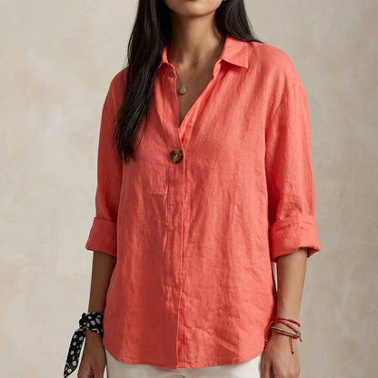 Adelina | Linen-Style V-Neck Blouse with Single Button