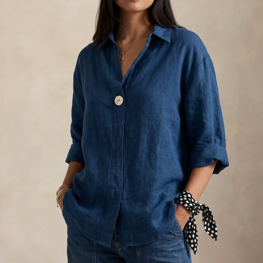 Adelina | Linen-Style V-Neck Blouse with Single Button