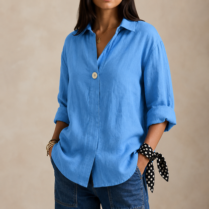 Adelina | Linen-Style V-Neck Blouse with Single Button