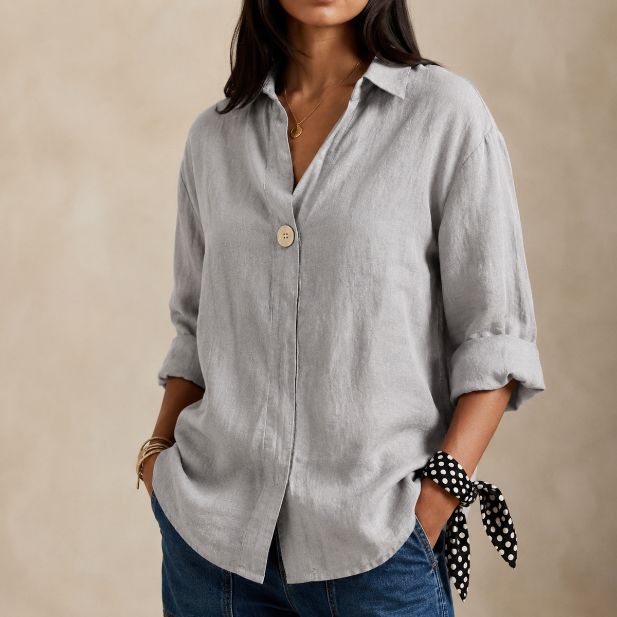 Adelina | Linen-Style V-Neck Blouse with Single Button