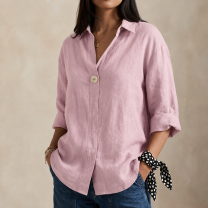 Adelina | Linen-Style V-Neck Blouse with Single Button