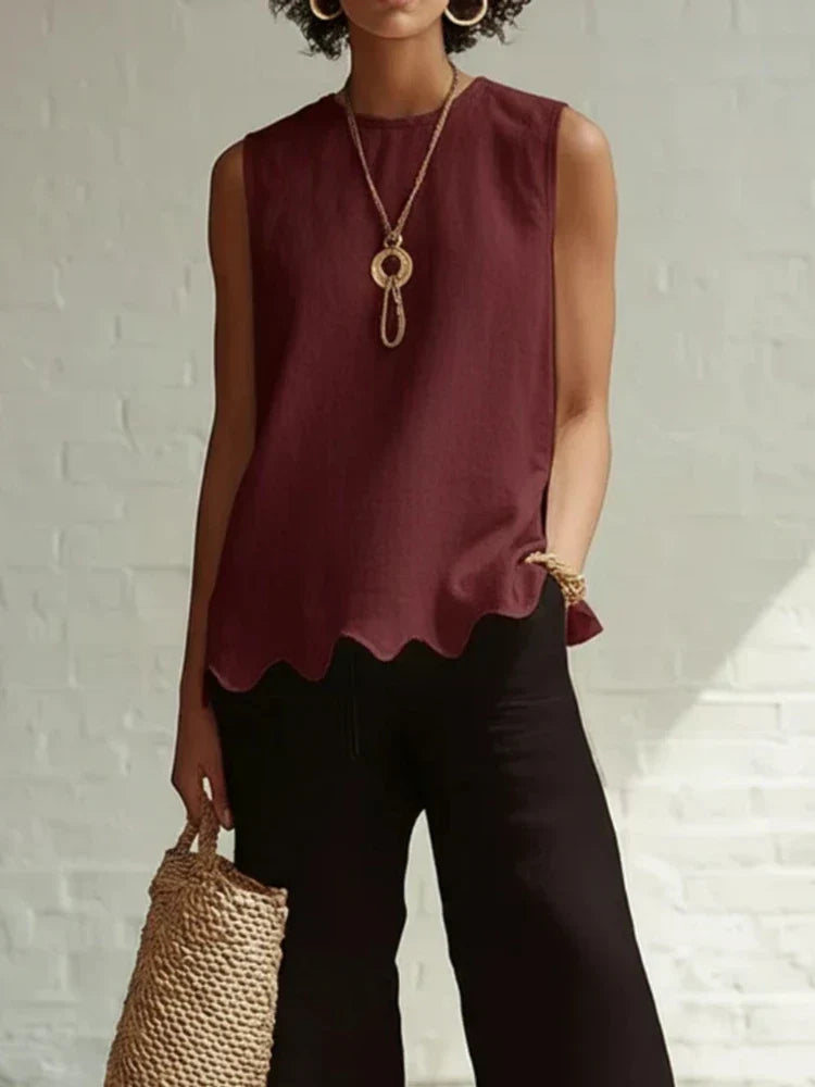Dorothea | Sleeveless Linen-Style Top with Scallop Hem