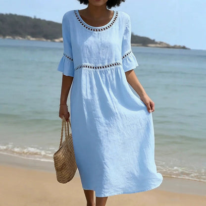 Aurelie | Linen-Style Midi Dress with Flared Sleeves and Cut-Out Trim