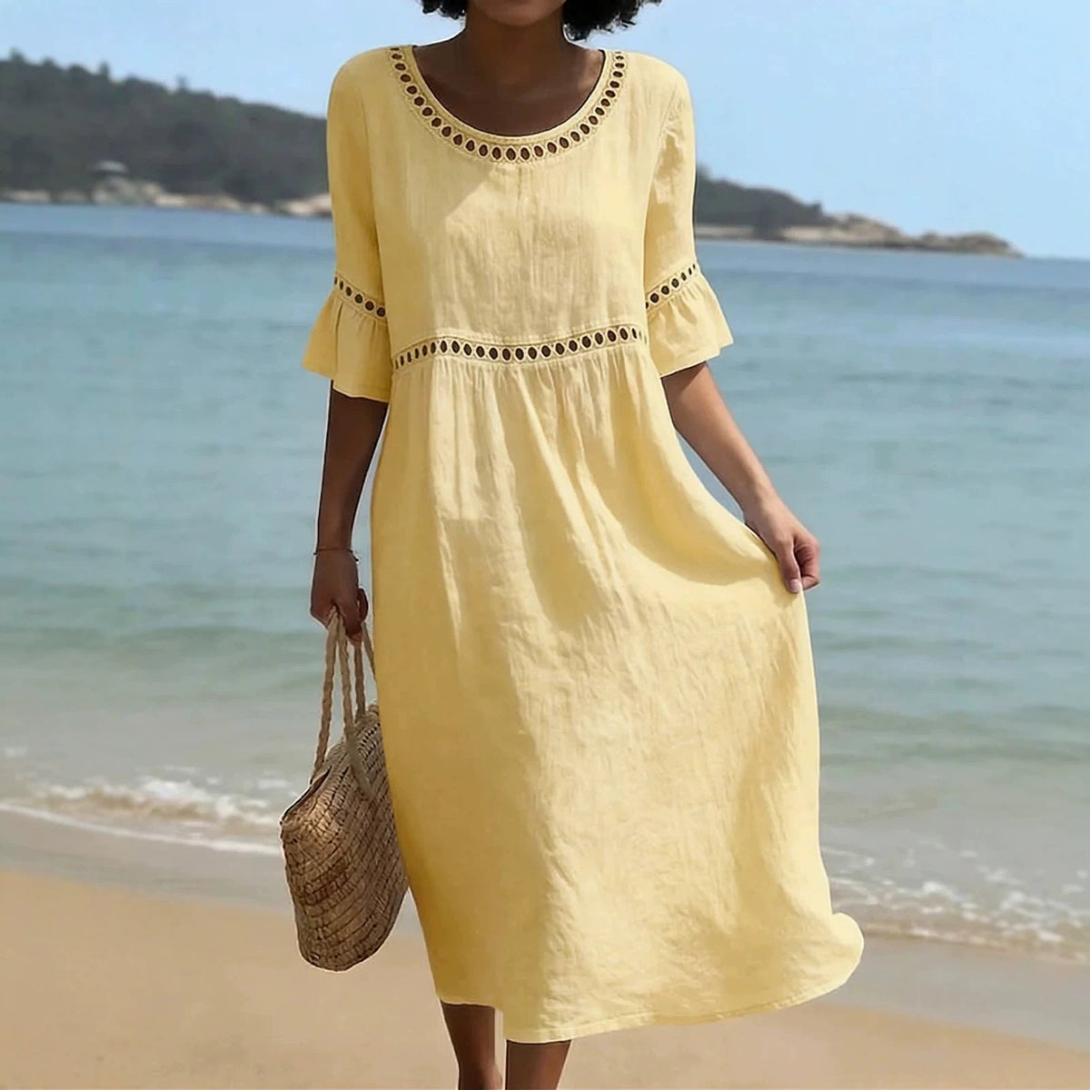 Aurelie | Linen-Style Midi Dress with Flared Sleeves and Cut-Out Trim