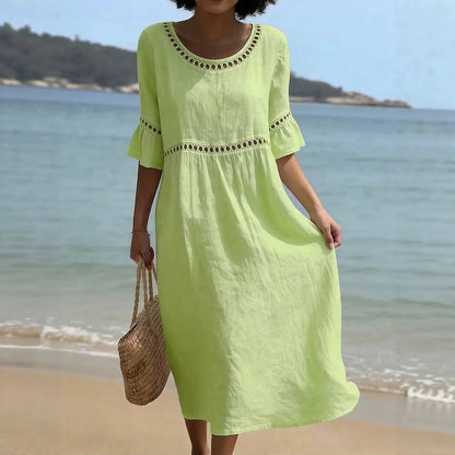 Aurelie | Linen-Style Midi Dress with Flared Sleeves and Cut-Out Trim