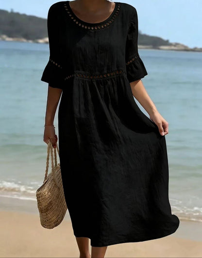 Aurelie | Linen-Style Midi Dress with Flared Sleeves and Cut-Out Trim