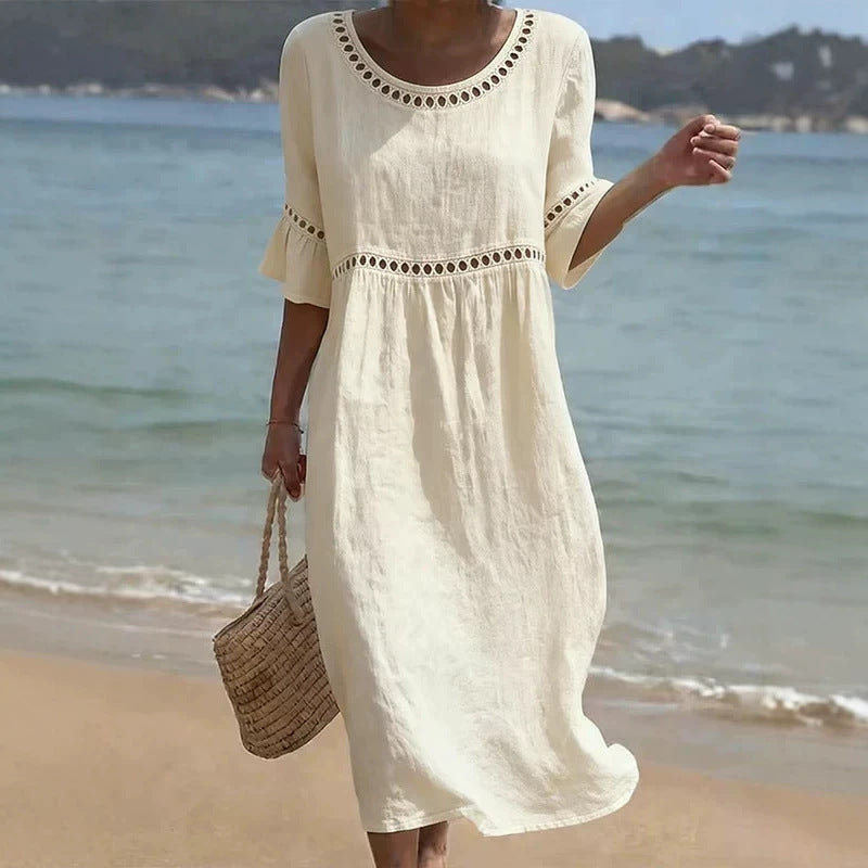 Aurelie | Linen-Style Midi Dress with Flared Sleeves and Cut-Out Trim