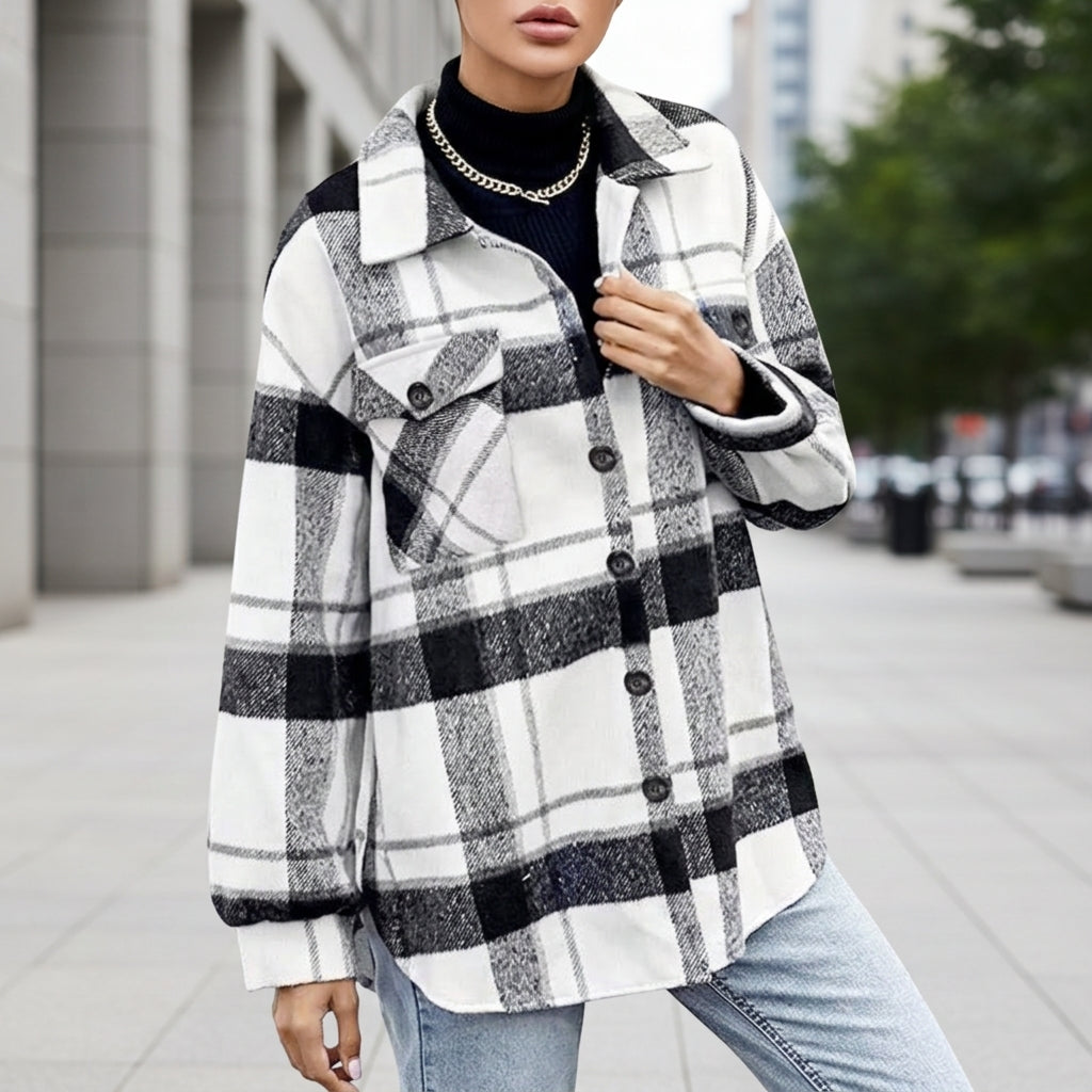 Violet | Relaxed Plaid Flannel Shacket with Chest Pockets