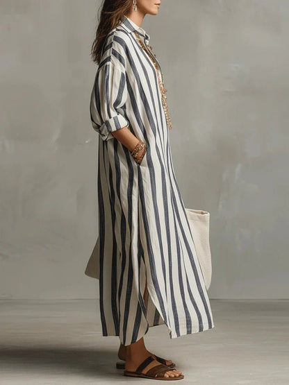 Hyacinth | Striped Linen-Style Maxi Shirt Dress with Pockets
