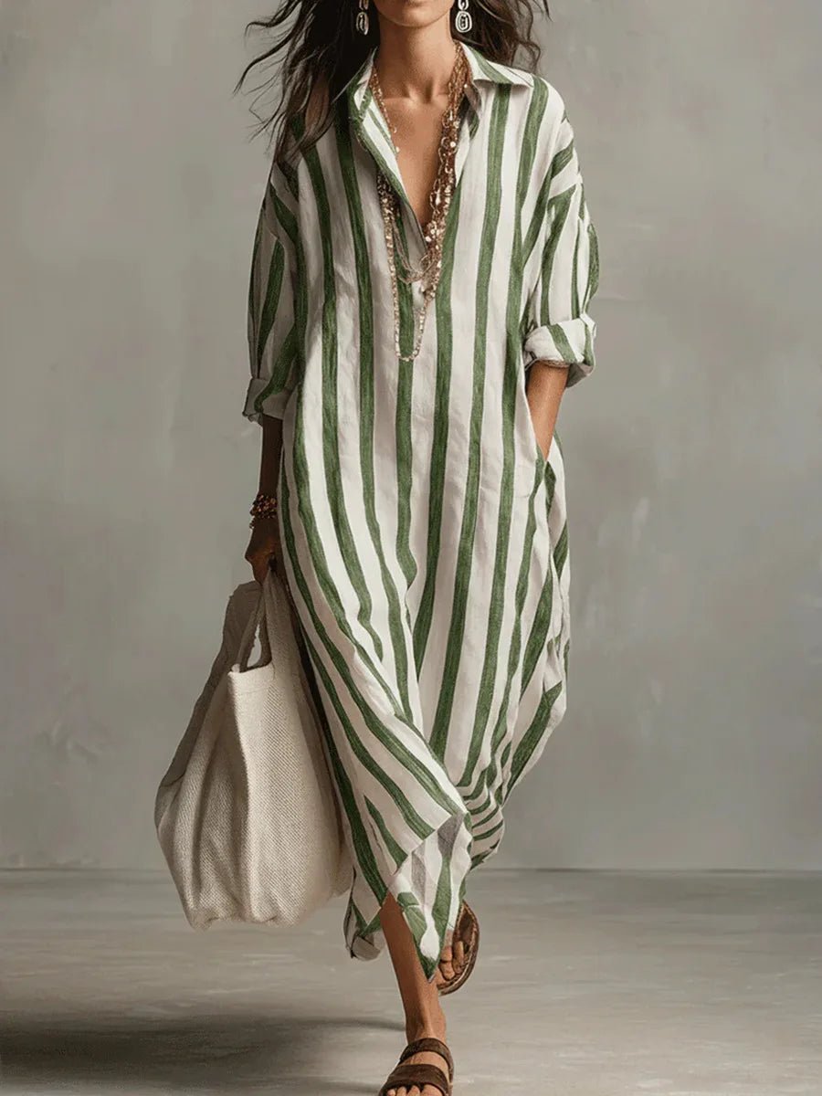 Hyacinth | Striped Linen-Style Maxi Shirt Dress with Pockets