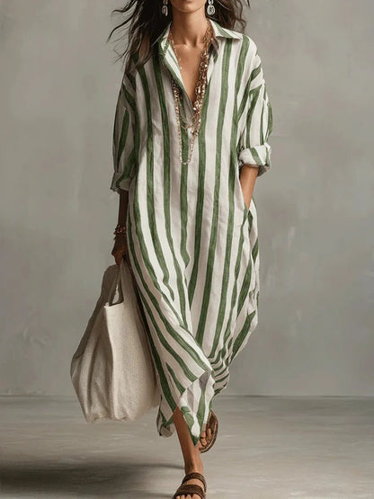 Hyacinth | Striped Linen-Style Maxi Shirt Dress with Pockets