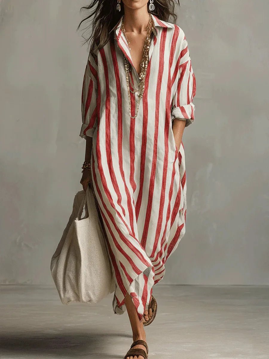 Hyacinth | Striped Linen-Style Maxi Shirt Dress with Pockets