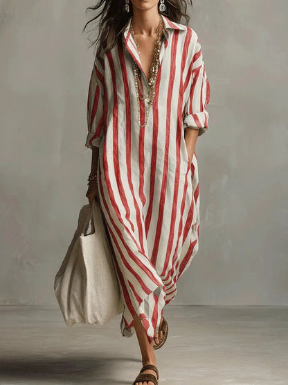 Hyacinth | Striped Linen-Style Maxi Shirt Dress with Pockets