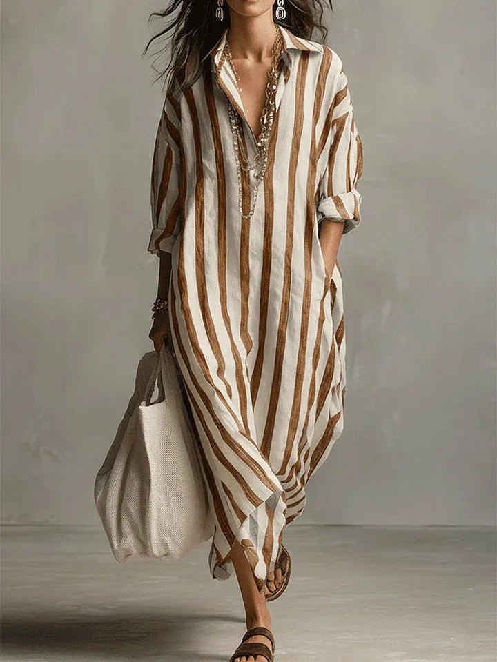 Hyacinth | Striped Linen-Style Maxi Shirt Dress with Pockets