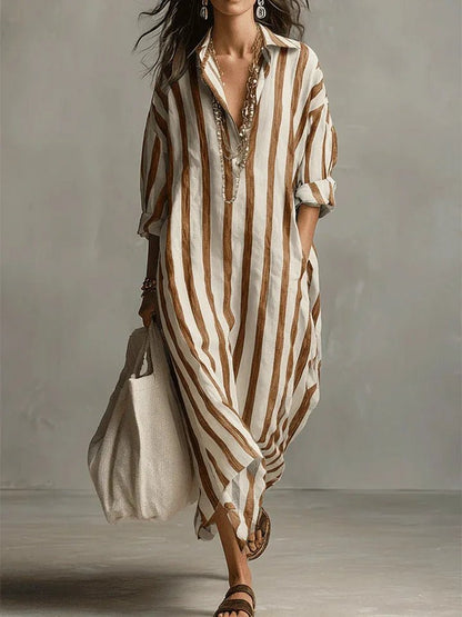 Hyacinth | Striped Linen-Style Maxi Shirt Dress with Pockets