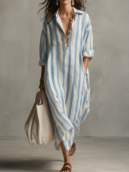 Hyacinth | Striped Linen-Style Maxi Shirt Dress with Pockets