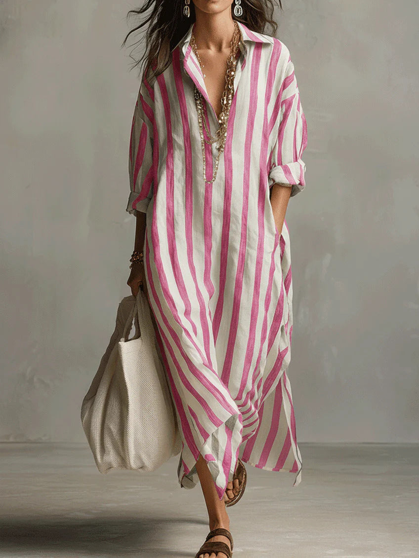 Hyacinth | Striped Linen-Style Maxi Shirt Dress with Pockets
